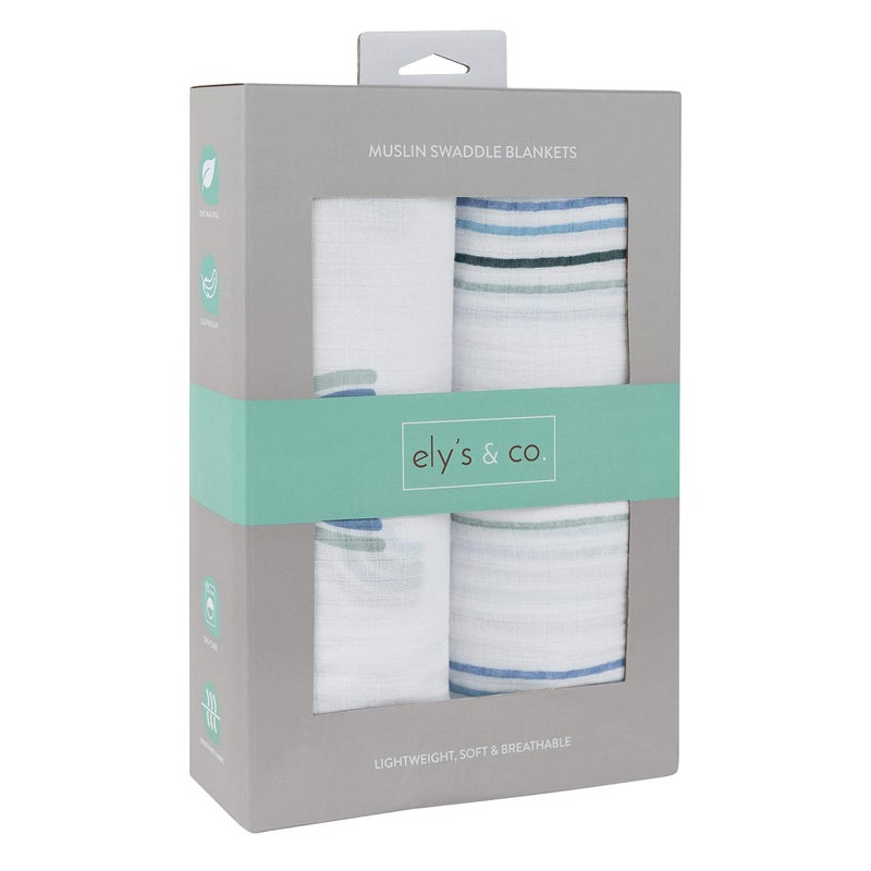 Ely's & Co. Cotton Muslin Swaddle Blanket 2-Pack for Baby Boy â€” 100% Cotton Muslin Extra-Large Swaddle Blankets (47â€ x 47â€) Blue Rainbows | Blue Stripes - Image 3